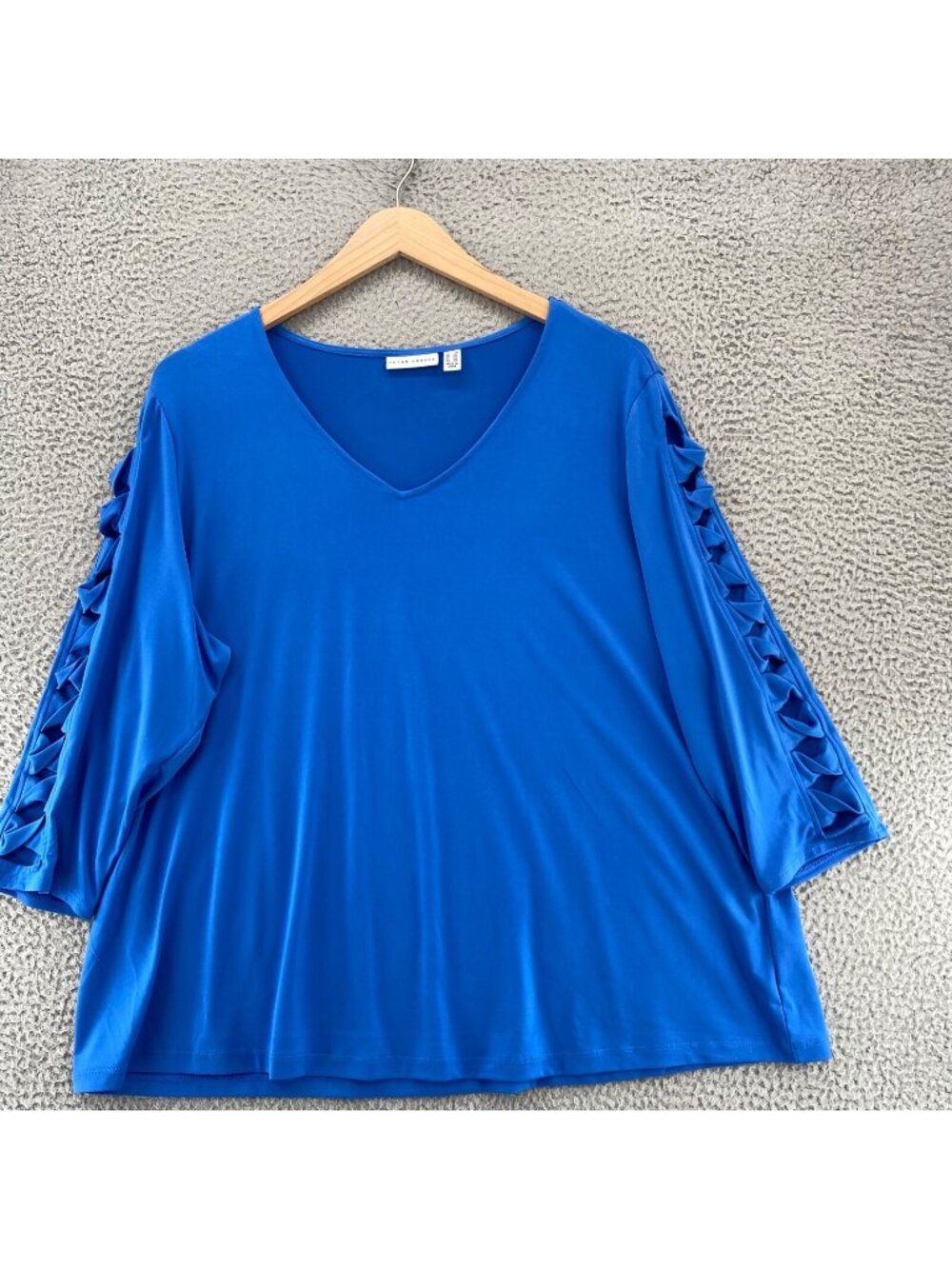 Susan Graver Womens 2X Plus Blue Liquid Knit Long Bow Slit Sleeve Stretch Casual